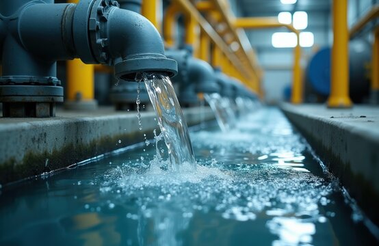Water flows from industrial pipes into channel. Factory or plant pipes pour liquid into watercourse. Industrial water system processing. Resource management concept.