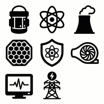 Vector icon set for small modular reactors (SMR), advanced nuclear engineering, and carbon-free base-load energy. Bold rounded outline style for clean energy branding, industrial whitepapers, and futu