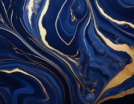 a luxurious liquid marble background in deep navy blue with flowing gold veins creating an elegant and rich texture with realistic fluid patterns