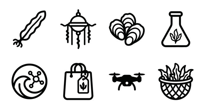 Vector icon set for regenerative ocean farming, kelp mariculture, and seaweed-based sustainable materials. Bold rounded outline style for blue economy branding, environmental research reports