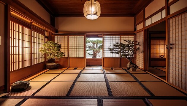 traditional japanese ryokan style interior with tatami mats sliding shoji doors and warm ambient lighting