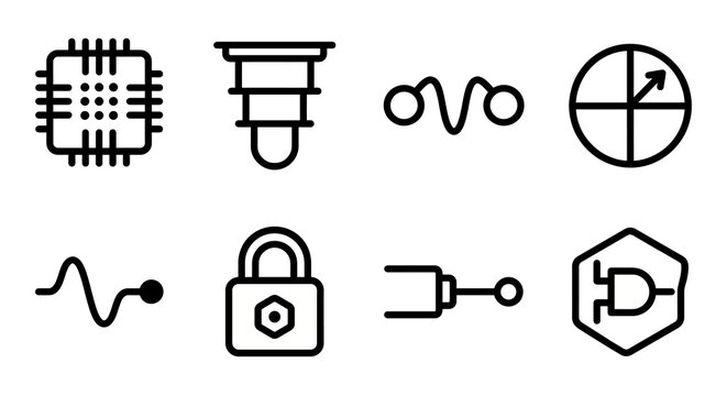 Vector icon set for quantum computing, advanced cryptography, and subatomic physics. Bold rounded outline style for deep-tech branding, scientific computing platforms, and future technology UI/UX.