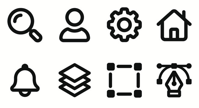 Vector icon set for UI/UX design, web interfaces, and app development resources. Bold rounded outline style for digital agencies, design toolkits, and software interface UI/UX.