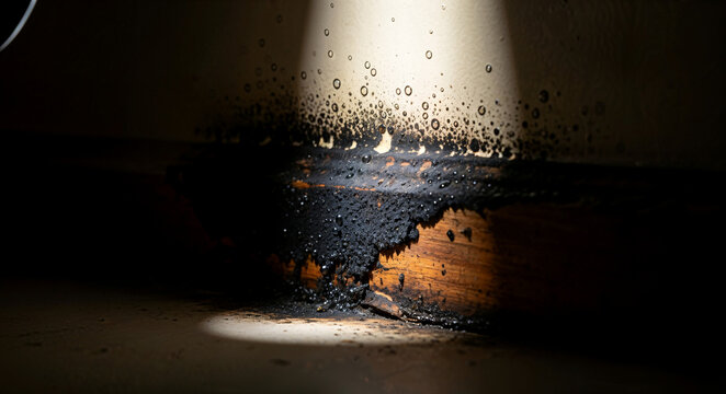 Mold growth on wooden baseboard illuminated by flashlight beam  