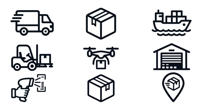 Vector icon set for logistics, delivery services, and fleet management. Rounded thick line style for parcel tracking interfaces, freight transport applications, and supply chain platforms.