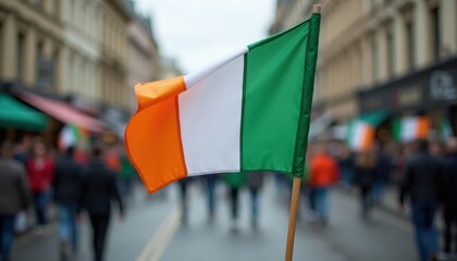 Naklejka premium Irish flag with orange white and green vertical bands. People walk on a city street in blurred background, celebrating national holiday. Symbol of Ireland national pride and heritage.