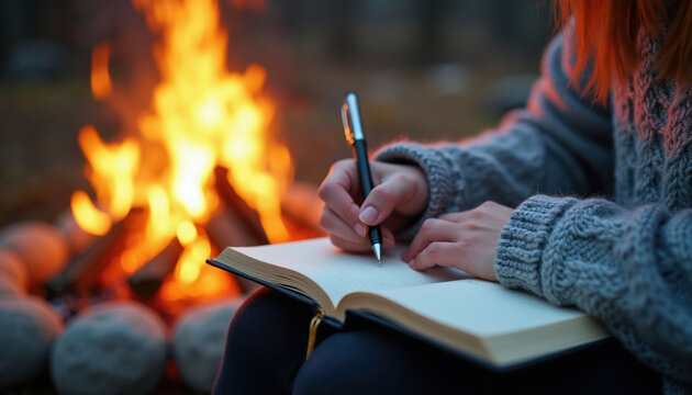 Woman in cozy sweater writes in notebook by warm outdoor campfire. Peaceful winter evening mood for journaling reflection and creative thought by firelight.