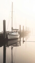 Fototapeta premium Sailboat Moored Pier Misty Morning Calm Water Reflection Serene Atmosphere