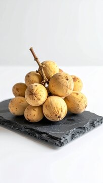 Close up of Fresh Longkong Fruit Bunch on Dark Slate Against White Background