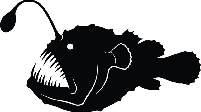 Anglerfish silhouette deep sea predator with bioluminescent lure isolated on white