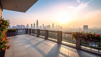 Obraz premium Balcony Overlooking City Skyline at Sunrise with Blooming Flowers and Sunlight Rays