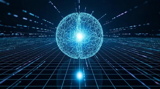 Glowing blue digital orb with grid background.