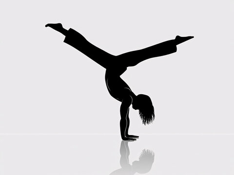 Silhouette of a woman performing a handstand with legs split apart