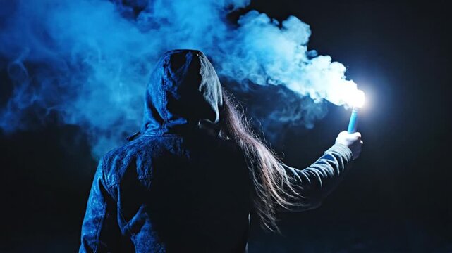 Person holding a blue flare in the dark, night scene