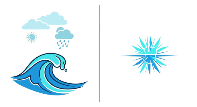 Weather icons with sun, clouds, rain and wave.