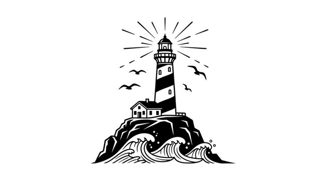 Black and white illustration of lighthouse on rocky coastline with waves and seagulls.