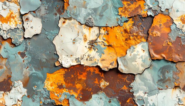 Close up abstract texture of peeling paint and rust on metal surface