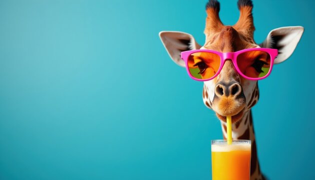 Funny giraffe with pink sunglasses drinks orange juice through yellow straw. Animal enjoys beverage against bright blue background. Vacation refreshment concept.