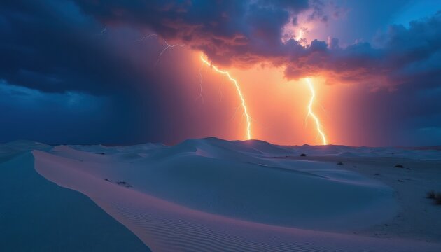 Bright lightning bolts strike desert sand dunes during dramatic sunset storm. Dark clouds rumble with energy over arid landscape. Powerful natural phenomenon illuminates sand ripples. Electric sky