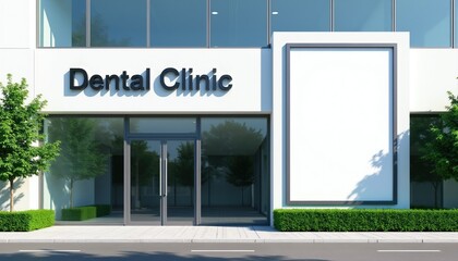 Naklejka premium Modern dental clinic exterior with clean facade and glass doors. Features a large blank signboard for custom branding or announcements. Green trees and manicured bushes surround the building.