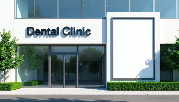 Modern dental clinic exterior with clean facade and glass doors. Features a large blank signboard for custom branding or announcements. Green trees and manicured bushes surround the building.