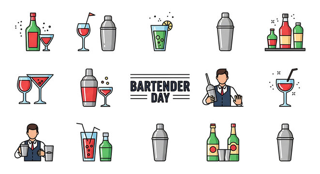 Bartender day celebration with cocktail glasses, bottles, and bar tools in flat drink