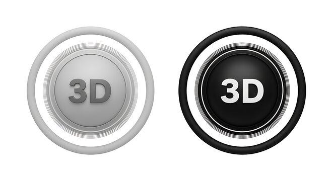 Black and white 3 d rendered circular buttons with embossed 3 d text circle