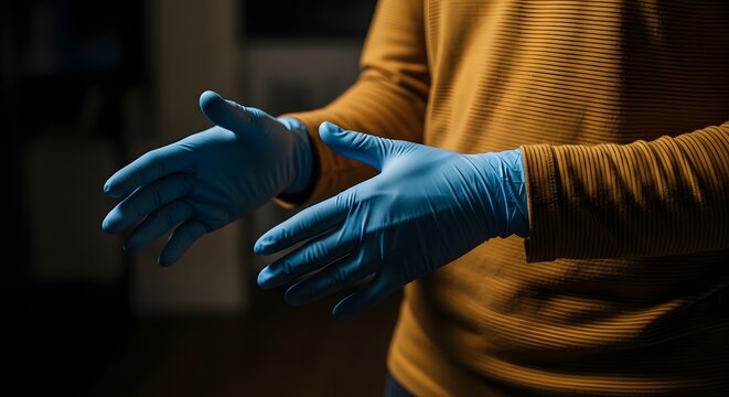 Labor day essential workers hands in blue gloves representing labor and service