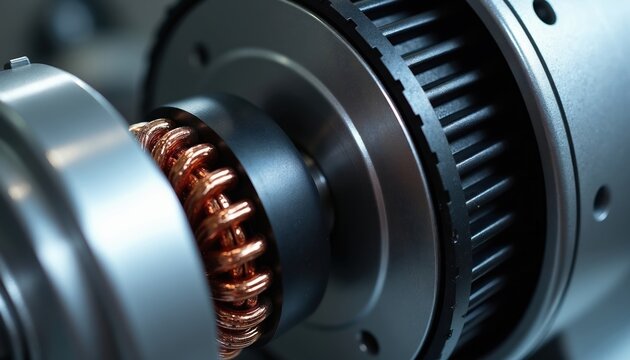 Close up of electric motor windings and pulley. Shiny copper coils inside metallic industrial machine. Gears and belts rotate for energy transmission in mechanical devices.