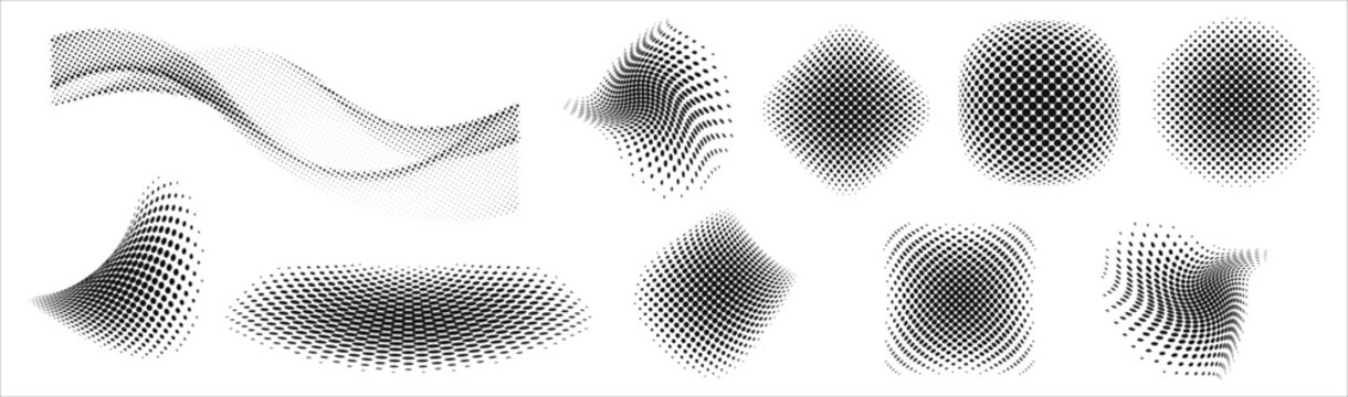 Abstract halftone gradient shapes with wave lines and dotted patterns. Smooth monochrome elements isolated on white background for modern design and tech layouts. Dynamic textures for posters, brandin