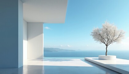 Naklejka premium Minimalist white terrace with sea view. Single tree stands on platform. Bright sunlight casts shadows. Calm ocean and distant hills under clear blue sky.