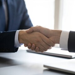 Obraz premium Two Businessmen Shaking Hands in Office Meeting Room Close Up