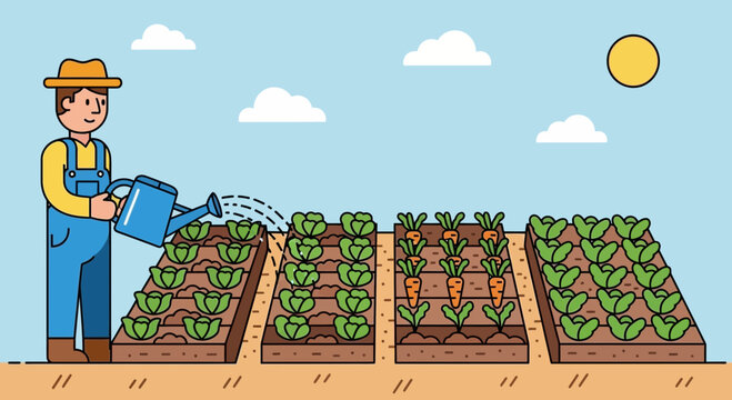 Man watering plants in garden beds.