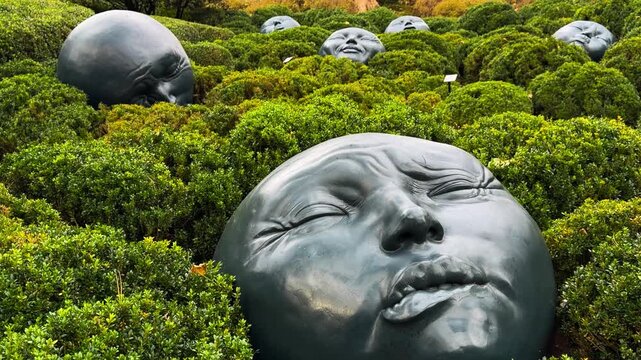 Big heads in the Gardens of Etretat (Les Jardins d Etretat) is a topiary garden located in the English Channel town of Etretat, Normandy, France, October 15, 2025. High quality 4k footage
