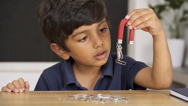 Curious Young Boy Exploring Magnetism with Horseshoe Magnet and Paperclips in a STEM Science Experiment