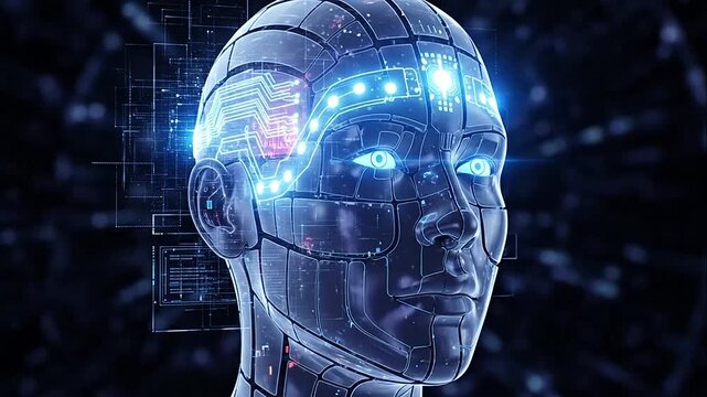 A futuristic robotic head with glowing blue circuits and wires on a dark background.