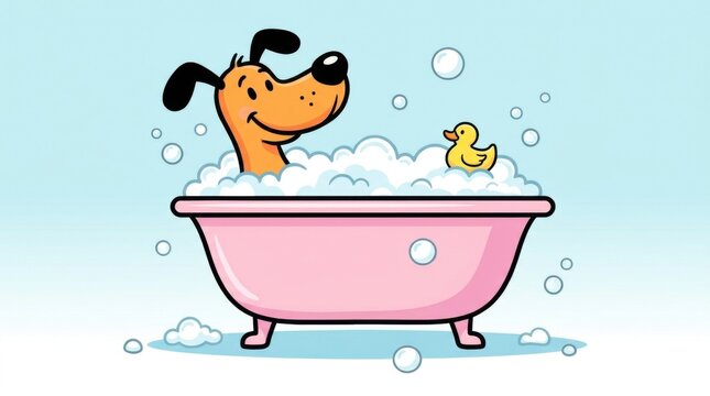 Cartoon dog in pink bathtub with bubbles and rubber duck
