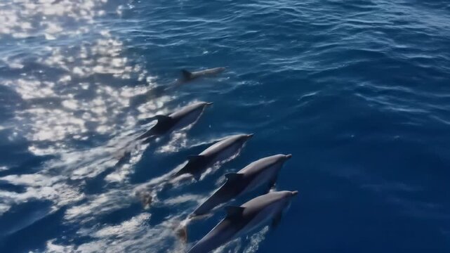 High-angle aerial drone video tracks a majestic pod of common dolphins with black and white markings swimming in unison through deep azure ocean water at golden hour, tranquil marine life concept
