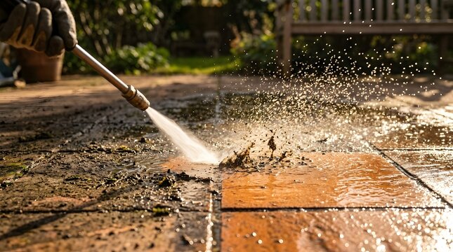 Close-up of a high-pressure water jet cleaning grime and moss from patio tiles during sunset, showcasing professional outdoor maintenance, restorative cleaning services, and home exterior care