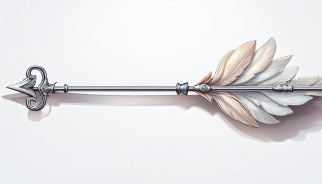 silver cupid style arrow with heart shaped tip isolated on white background