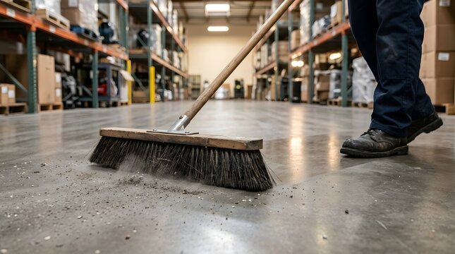 A worker using a large industrial broom to sweep the concrete floor of a large warehouse, focusing on facility maintenance, industrial cleaning services, and professional workspace management
