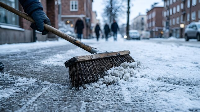 Close-up of a worker sweeping fresh snow and slush from a city sidewalk with a large industrial broom, showcasing winter maintenance, urban safety, and seasonal street cleaning services