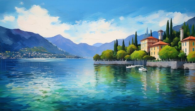 hand drawn gouache painting of lake como scenery landscape painting with blue water