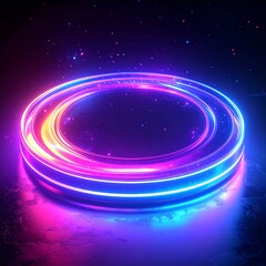 Obraz premium Circular Neon Ring With Pink And Blue Light Trails Against Dark Background With Bokeh Effect