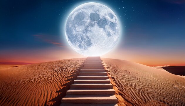 dreamlike desert staircase leading to glowing moon horizon symbolic path of destiny exploration and wonder perfect for branding advertising and conceptual visuals