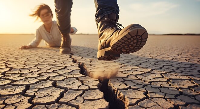 Couple in desolate dry land, woman crawling, man walking away