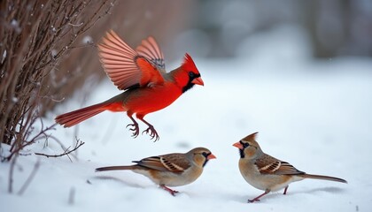 Obraz premium Male cardinal flies above two sparrows on snow covered ground. Red bird with wings spread hovers near brown birds. Winter nature scene with cardinals and sparrows interacting outdoors.