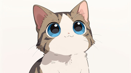 Obraz premium Anime-style illustration of an adorable tabby kitten with big blue eyes looking up