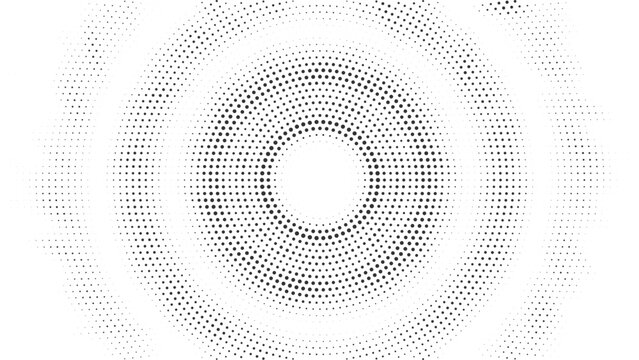 Abstract black halftone dot radial pattern, circular gradient waves expanding from center on white background, modern minimal texture