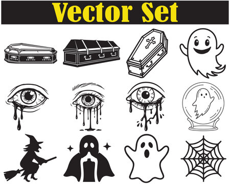 Diverse collection of spooky line art and silhouettes featuring gothic coffins crying eyes spirits and occult iconography.